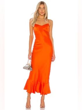 NWT Saloni Mimi B Orange Silk Slip Midi Dress with Ruffle Hem US 8